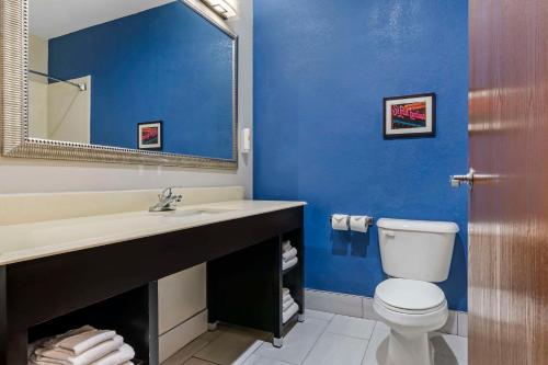a blue bathroom with a toilet and a sink at Comfort Suites St Charles-St Louis in St. Charles