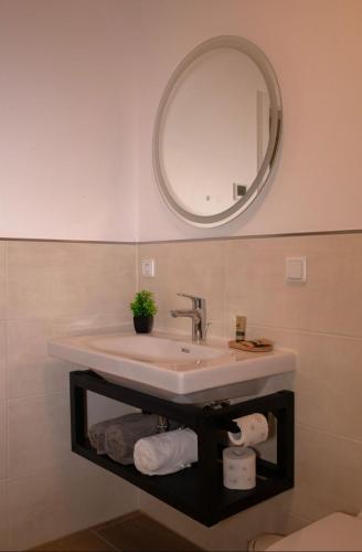 a bathroom with a sink and a mirror at Mein Träumchen Apartments - 1 gelb gemütlich zentral in Bielefeld