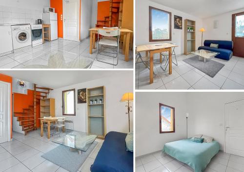 trois photos d'un salon et d'une cuisine dans l'établissement Charmant Duplex Lumineux, à Bouguenais