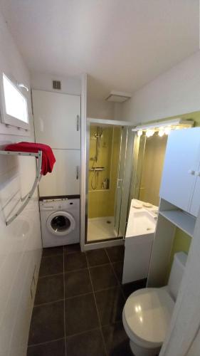 une salle de bain avec toilettes, un lavabo et une douche dans l'établissement Appartement 2 pièces climatisé 3 couchages, Belle Terrasse VUE MER à Portiragnes plage LXBFM9, à Portiragnes