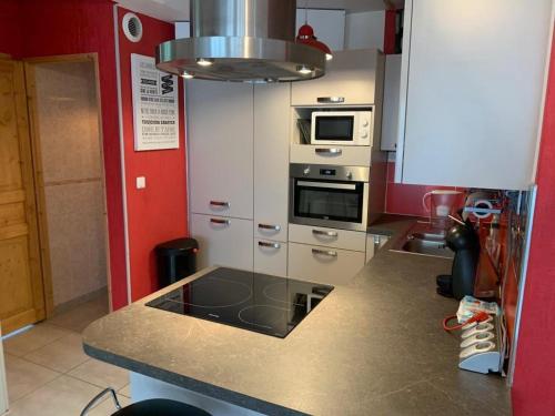 - une cuisine avec un comptoir et une cuisinière four supérieur dans l'établissement Cosy appartment next to the beach, à La Seyne-sur-Mer