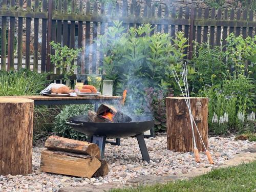 a fire pit in a garden with a table and a grill at Apartmán Hamerka in Hlinsko