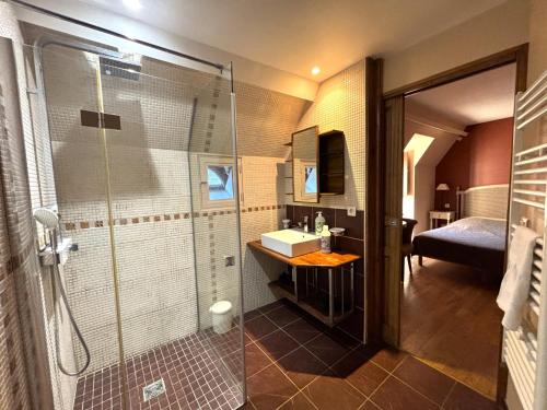une salle de bain avec douche et lavabo dans l'établissement GITE DU PRESIDIAL - Standing flat 2 Bed/2 bath with balcony in medieval Sarlat center, à Sarlat-la-Canéda