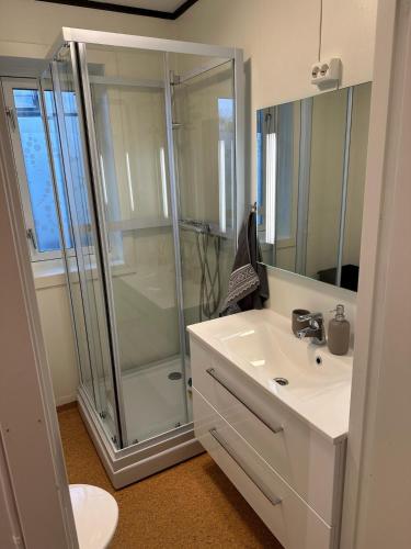 a bathroom with a glass shower and a sink at Aurora apartment Nygård in Sletta