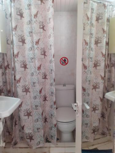 a bathroom with a toilet and a pink shower curtain at THALIA'S GARDEN in Mytilini