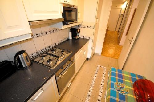 une petite cuisine avec une cuisinière et un micro-ondes dans l'établissement Spacious, Bright Apartment with Private Parking, à Paris