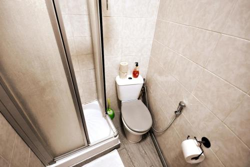 une petite salle de bain avec douche et toilettes dans l'établissement Warm and comfortable studio in Montmartre, à Paris