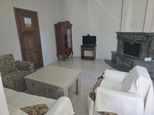 a living room with a couch and a table and a fireplace at Hotel Cattaleya in Batumi