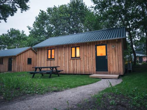 a wooden cabin with a picnic table in front of it at Park Lodge in Millinge