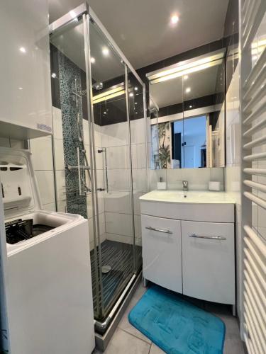 une salle de bain blanche avec une douche et un lavabo dans l'établissement Superbe T2 face mer avec piscine, à Six-Fours-les-Plages