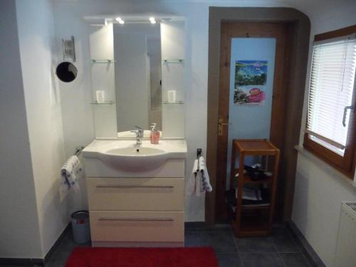 a bathroom with a sink and a mirror at Ferienhaus Elfi Mit 85qm in Eisenbach