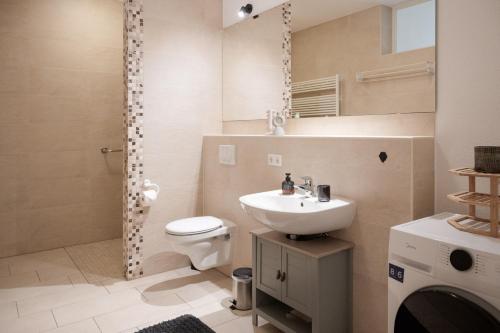 ローバウにあるExklusives City-Apartment am Altmarktのトイレと洗面台付きのバスルーム