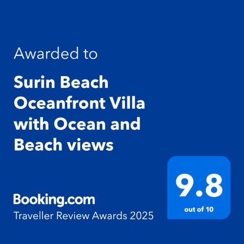 a screenshot of a phone with the text upgraded to swim beach oceanfront villa at Surin Beach Oceanfront Villa with Ocean and Beach views in Surin Beach