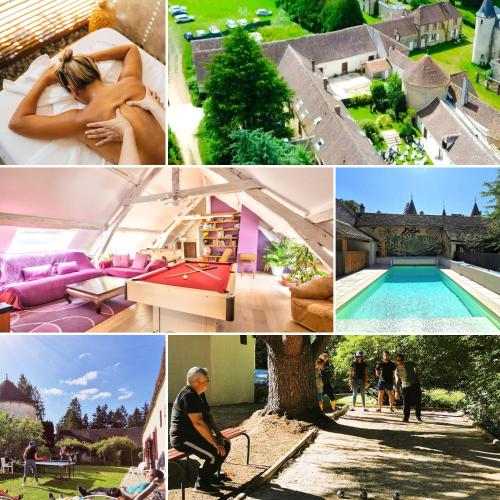 a collage of photos with a pool and people at Domaine de Tardais, idéal famille avec piscine et nombreux loisirs in Senonches