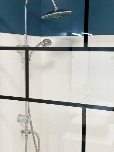 La salle de bains est pourvue d'une porte de douche en verre avec un pommeau de douche. dans l'établissement La Porte de l'Échappée Verte - Salon Extérieur & Parking Privé, à Albi