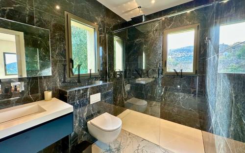 une salle de bain avec toilettes, lavabo et douche dans l'établissement Villa Giuliana Paisible & spacieuse AREGNO, à Aregno
