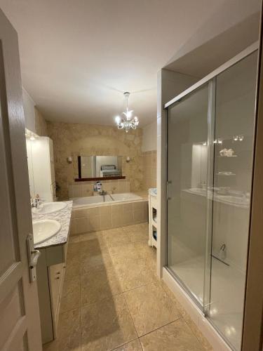 une salle de bain avec une douche, un lavabo et une baignoire dans l'établissement Refuge Champêtre - Piscine intérieure - Détente, à Salles