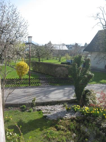 a garden with flowers and a street light at Ferien im Paradies - Wohnung Vera in Höchst