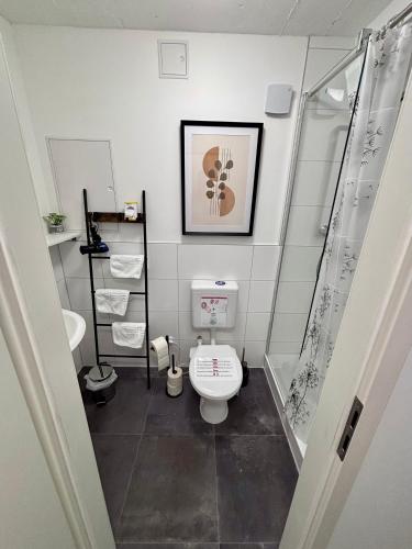 a bathroom with a toilet and a shower at Quartier Wenzelnberg in Langenfeld