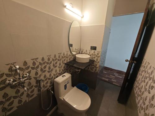 a bathroom with a toilet and a sink and a mirror at Kiom cottages and homestay in Mandrem