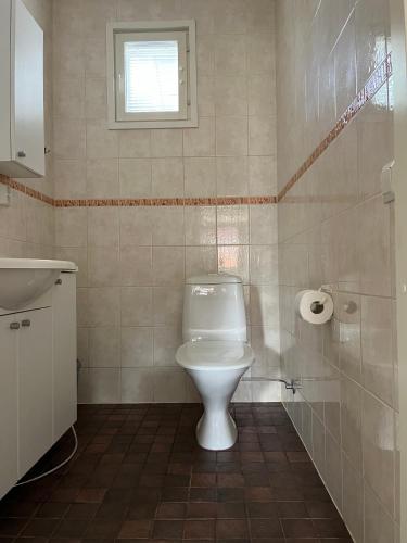 a bathroom with a toilet and a sink and a window at Kaunis huoneisto keskellä Vuokattia in Vuokatti