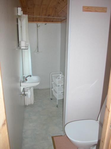 a bathroom with a toilet and a sink at Haugland Gard in Haugaland