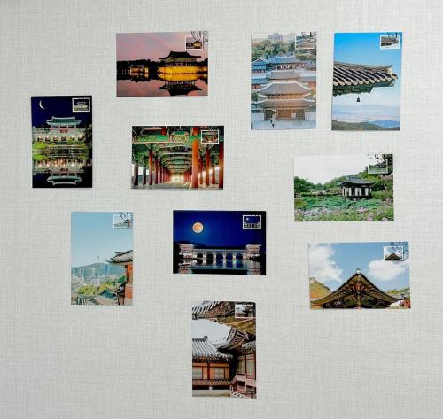 a collage of pictures of cities and buildings at Stay Foret in Seoul