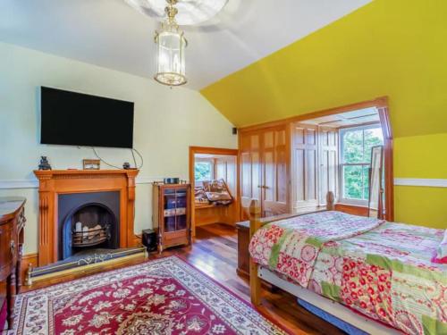 a bedroom with a bed and a fireplace and a tv at The Doune, Luxury Traditional Country House with hot tub in Inverness