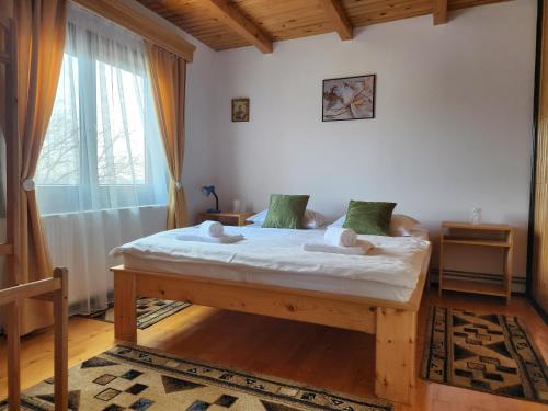 a bedroom with a bed with two dolls on it at Casa Amalia Tocile -Sadu in Sadu