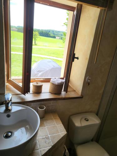 une salle de bain avec un lavabo et une fenêtre et des toilettes dans l'établissement Gites at Le Tilleul - Le Pommier & Le Cerisier, à Le Lindois