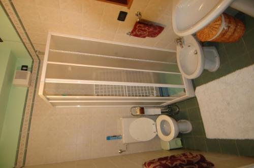 ein Badezimmer mit einem Waschbecken, einem WC und einem Spiegel in der Unterkunft Appartamento alle Magnolie in Sirmione