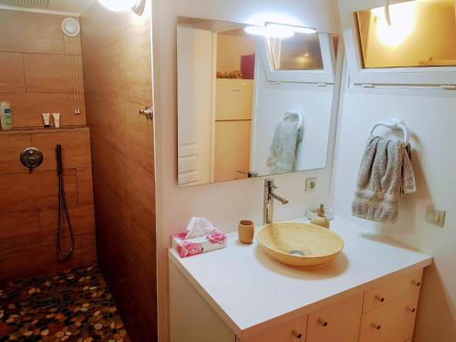 une salle de bain avec un lavabo et un miroir dans l'établissement Grand T2 Ensoleillé 47m2 3 Etoiles, à La Grande Motte
