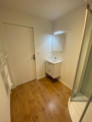 une petite salle de bain avec un lavabo et un miroir dans l'établissement L'Imprimerie B3, studio cosy au coeur de La Roche, à La Roche-sur-Yon