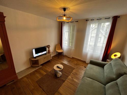un salon avec un canapé et une télévision dans l'établissement Le Bois Jaillant - Wifi - Centre ville historique - Proche Gare, à Troyes