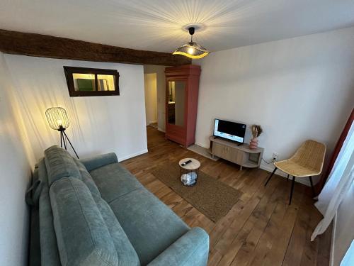 un salon avec un canapé et une télévision dans l'établissement Le Bois Jaillant - Wifi - Centre ville historique - Proche Gare, à Troyes
