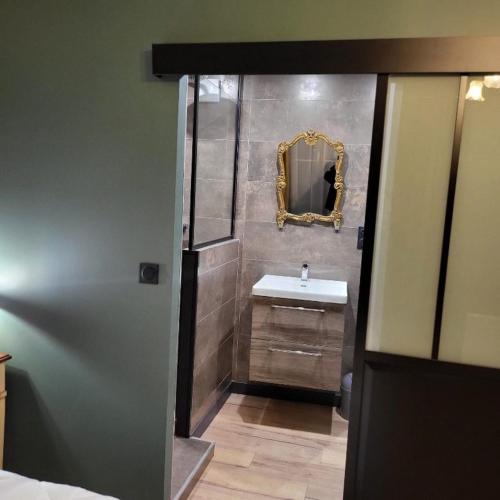 a bathroom with a sink and a mirror at "Le Dauphin", centre Etretat avec parking privé à 5 min in Étretat