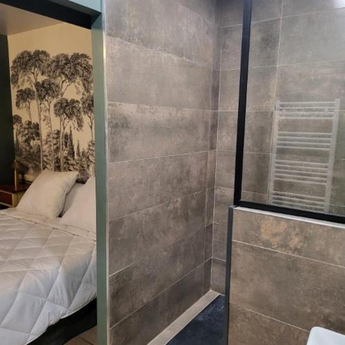 a bedroom with a shower and a bed in it at "Le Dauphin", centre Etretat avec parking privé à 5 min in Étretat