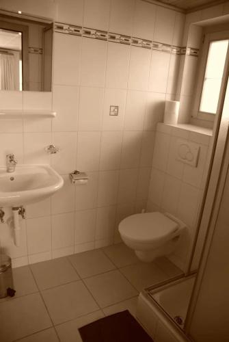 a white bathroom with a toilet and a sink at Spacious House with Mountain View in Haut-Intyamon in Les Sciernes d'Albeuve