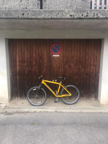 a yellow bike parked in front of a wooden door at Spacious House with Mountain View in Haut-Intyamon in Les Sciernes d'Albeuve