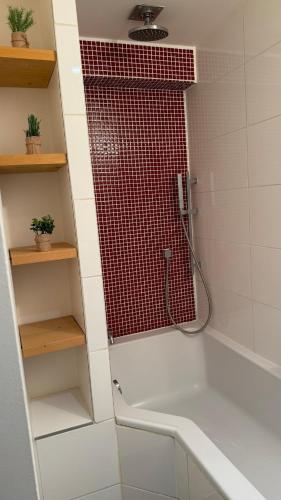 La salle de bains est pourvue d'une douche avec rideau de douche rouge. dans l'établissement Le Cocon de Cordeliers, à Lyon