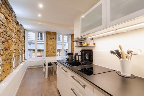 une cuisine avec un évier et un plan de travail dans l'établissement Le Cocon de Cordeliers, à Lyon