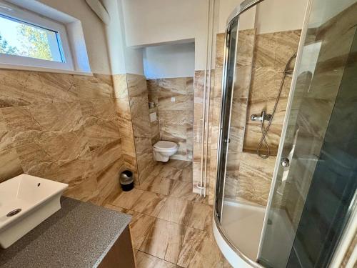 a bathroom with a shower and a sink and a toilet at Villa Holiday Tatry in Nová Lesná