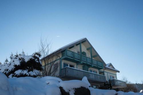 a house covered in snow in front of it at Les Adrets in Gérardmer