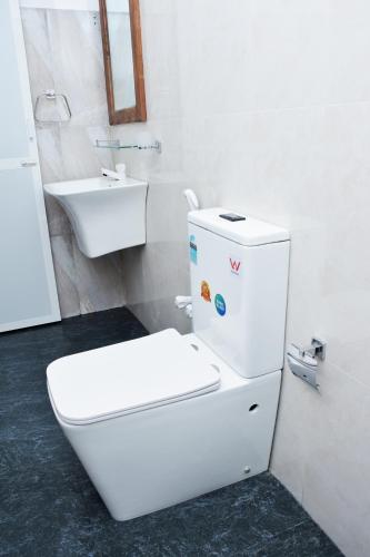a white toilet in a bathroom with a sink at French Garden Regish Guest House in Trincomalee