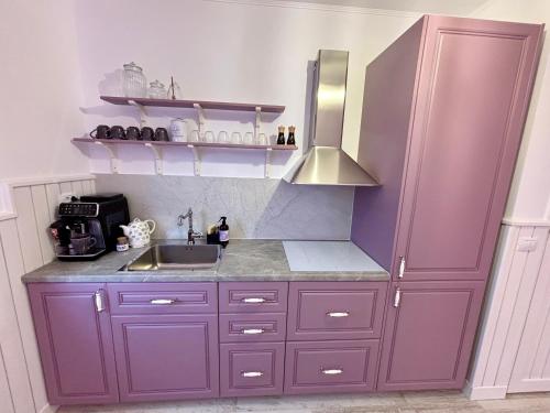 a kitchen with purple cabinets and a sink at FLH - Algo Bueno in Suceava
