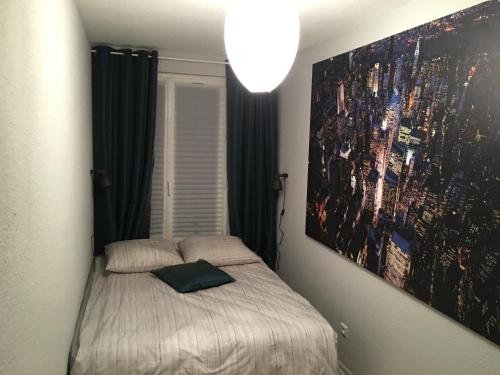 une chambre avec un lit avec un tableau sur le mur dans l'établissement Apartment Villeurbanne, à Villeurbanne