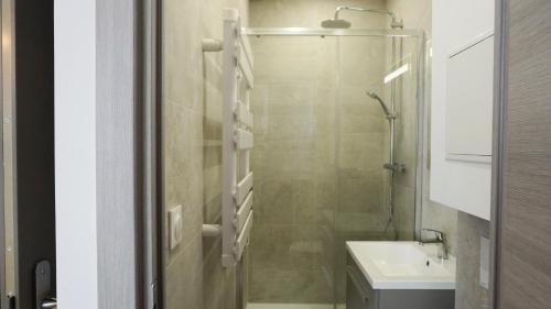 une salle de bain avec douche et lavabo dans l'établissement Proche Carlton & Croisette, Appartement 303, à Cannes