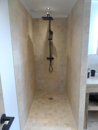 une douche dans une salle de bain avec un mur carrelé dans l'établissement Gîte de l'Epinay Cerise, à Saint-Saëns