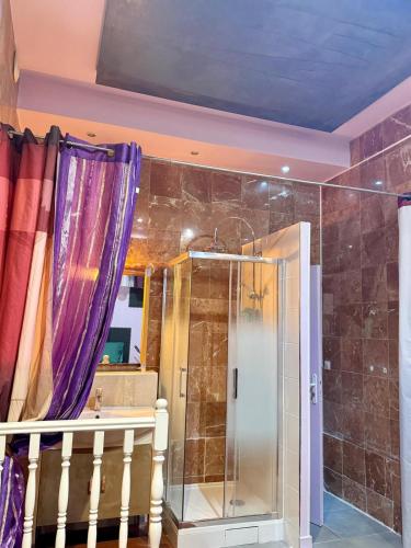 baño con ducha con cortinas moradas en Appart TH - Les Lilas, en Les Lilas