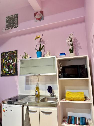 - une cuisine avec des murs roses et un évier dans l'établissement Appart TH - Les Lilas, aux Lilas